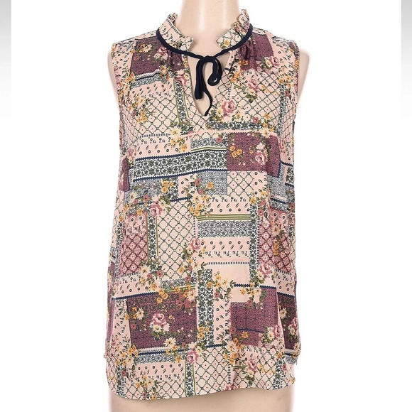 ModCloth Ruffled Tie Neck Patchwork Quilt Sleeveless Blouse Size Large L - Picture 3 of 7